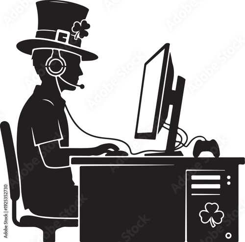 Gamer leprechaun silhouette playing video games at a computer with a joystick, St. Patrick's Day theme , Generative Ai