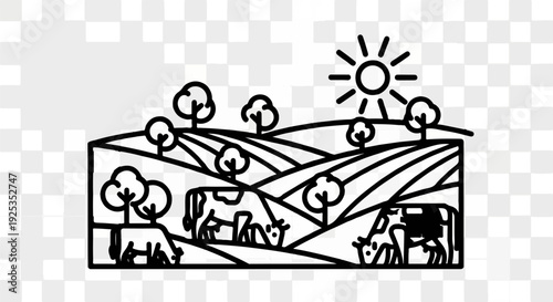 Stylized farm landscape with grazing cows under a sunny sky