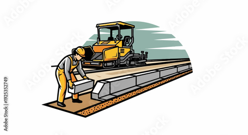 Worker and paver machine laying curbs and asphalt on a construction site