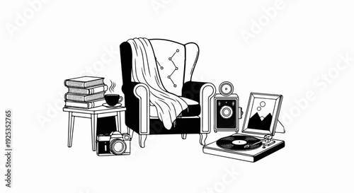 Cozy armchair with books, coffee, camera, record player, and art
