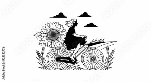 A silhouette of a woman cycling past a large sunflower and wheat fields