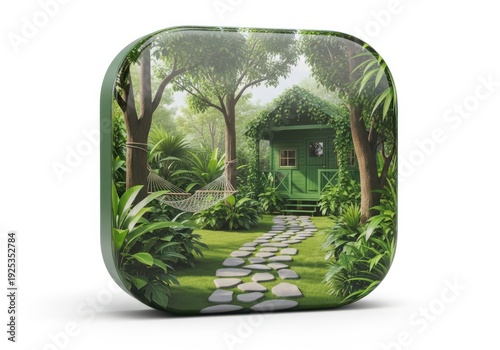 Serene garden pathway leading to a quaint cottage nestled among lush greenery