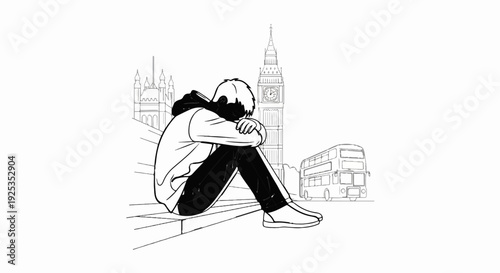 Solitary figure hunched on steps with famous clock tower and bus in background