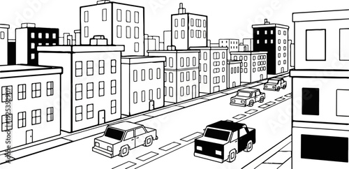 Stylized city street scene with cars and buildings