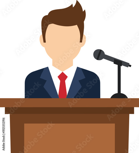 Businessman giving speech at podium with microphone, public speaking conference presentation, faceless speaker flat vector illustration