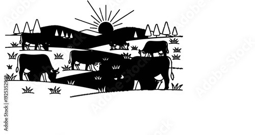 Stylized black and white silhouette of cows grazing in a field under a bright sun