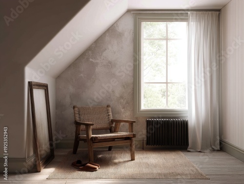 A chair is in front of a window