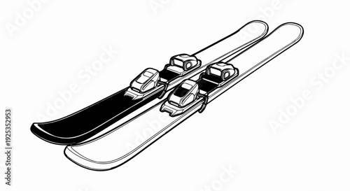 A black and white illustration of a pair of skis with bindings