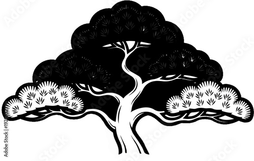 Stylized black and white pine tree with dark needles