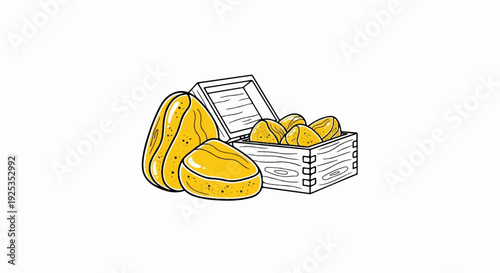 A crate and loose potatoes, illustrated in a simple, vibrant style