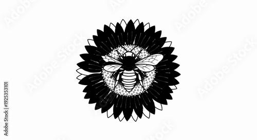 A detailed linework illustration of a bee on a sunflower