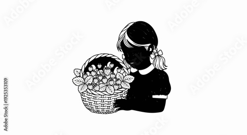 A girl with pigtails, wearing a dark dress, holds a basket full of strawberries