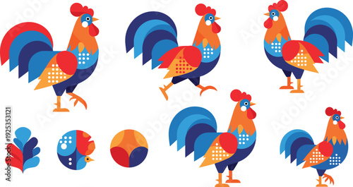 Colorful Rooster Cartoon Vector Collection Farm Chicken Character in Different Poses with Decorative Feathers for Agriculture Design.
