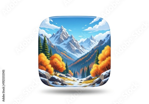 Serene autumn landscape with snow-capped mountains and vibrant foliage under a clear sky