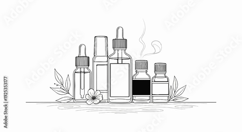 A still life composition featuring five bottles with dropper caps, leaves, and a flower