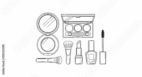 A collection of makeup essentials eyeshadow palette, lipstick, brushes, nail polish, and mascara