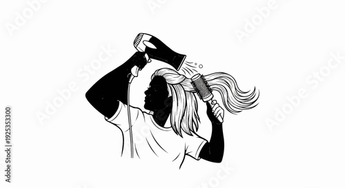 Woman drying and styling her long blonde hair with a brush and dryer