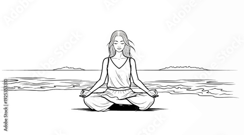 Woman meditates peacefully on a beach with gentle waves and distant islands