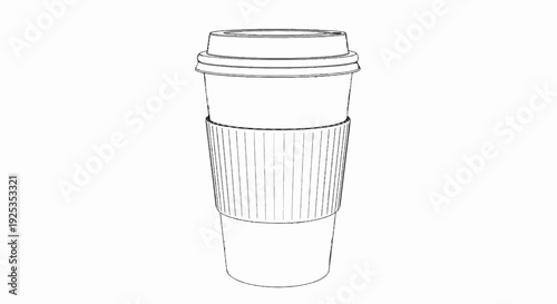 A sketch of a disposable coffee cup with a lid and ribbed sleeve