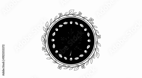 Whimsical circular design with autumnal elements and botanical garland