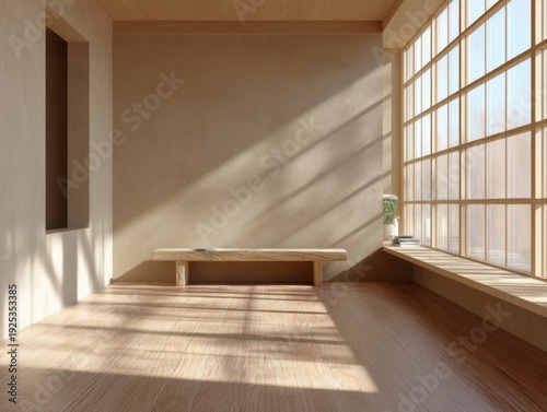 A room with a bench and a window