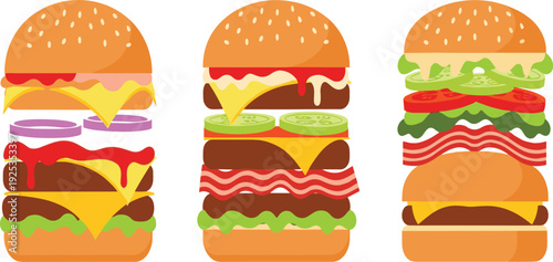 Cheeseburger Stack Vector Collection with Bacon Lettuce Tomato Onion and Sauce Layers for Fast Food Menu and Restaurant Design.