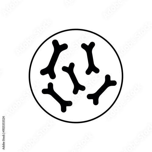 icon a bacterial colony with bone shaped microbial structures in a circle, isolated against a clean background.
