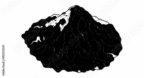 A stark, monochrome illustration of a conical mountain with snow-capped peak