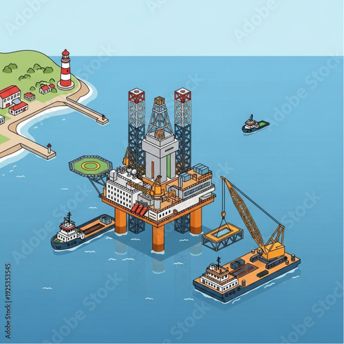 Offshore oil rig platform with vessels in the ocean.