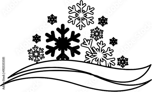 Stylized snowflakes fall on curving snowdrifts