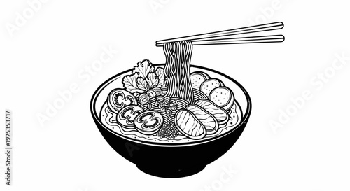 Detailed line drawing of a hearty noodle soup with various toppings and chopsticks