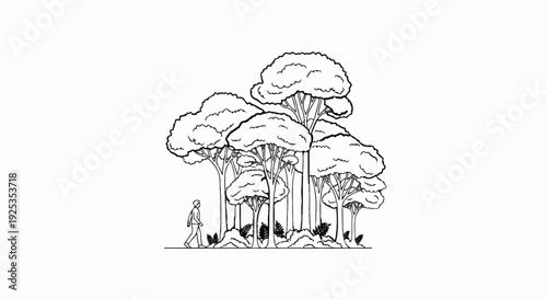 A solitary figure walks past a dense forest of tall, stylized trees