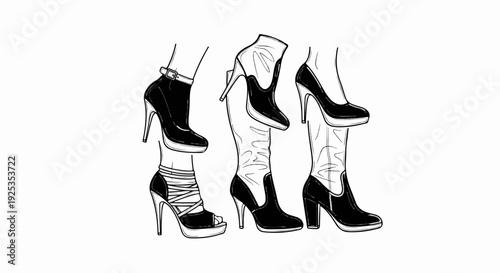 Fashionable footwear sketches ankle boots, stilettos, and knee-high boots