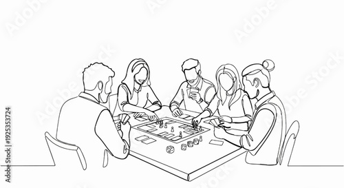 Five people enjoy a board game around a table with dice