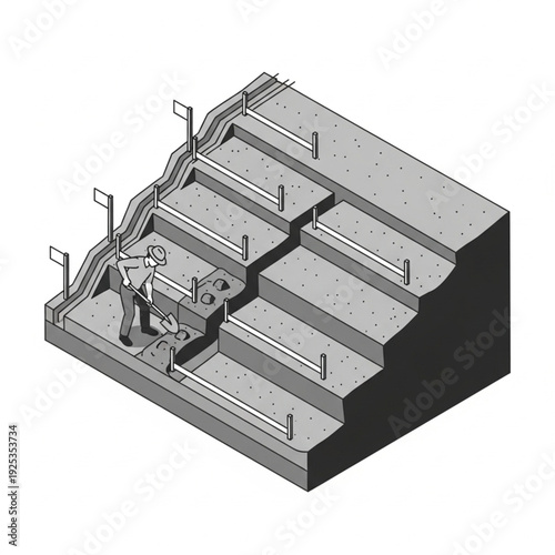 Isometric illustration of a man working on a construction site with multiple levels and pathways.