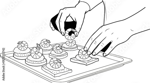 Hands arranging shrimp on canapés on a tray, line art