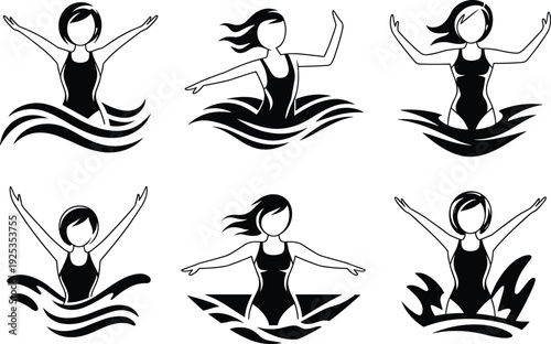 Six black and white of women in bathing suits in various swimming poses with wavy lines suggesting water