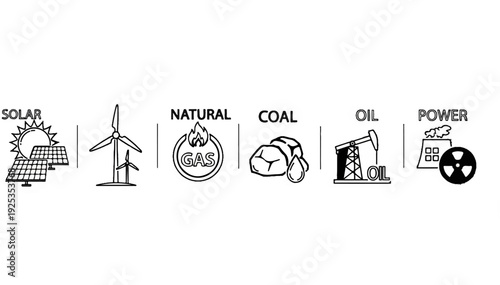 Icons representing different sources of energy solar, wind, natural gas, coal, oil, and nuclear