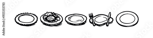 Hand drawn plates and dishes icons set with food and cutlery