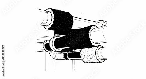 Industrial piping with insulation and supports shown in sketch