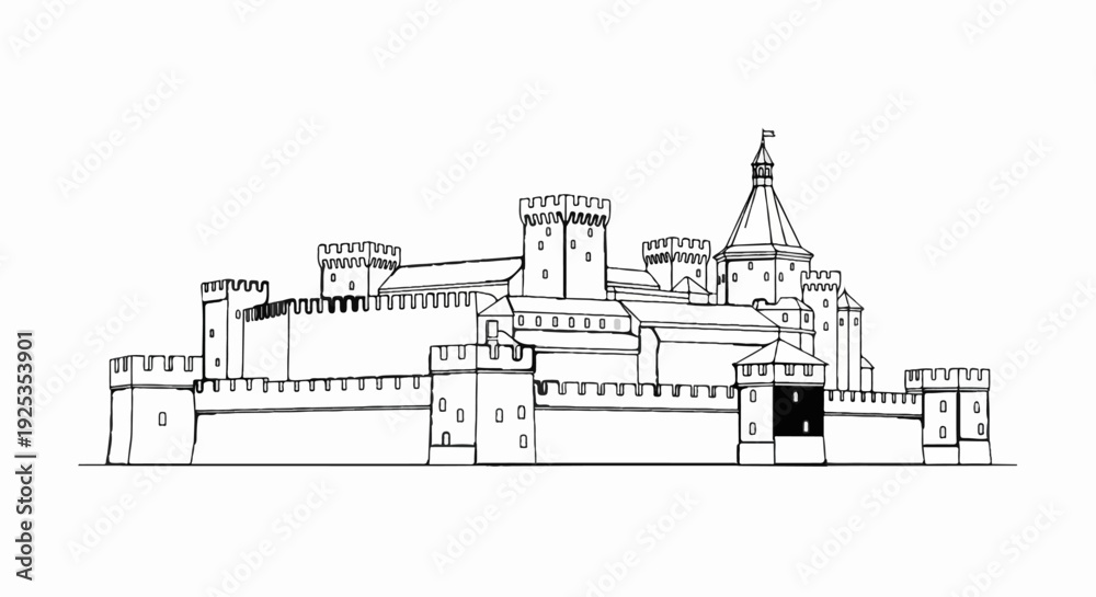 Fototapeta premium Stylized black and white sketch of a large medieval castle with multiple towers and battlements