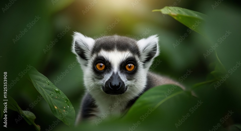 Obraz premium ring tailed lemur peeking through green leaves in natural habitat