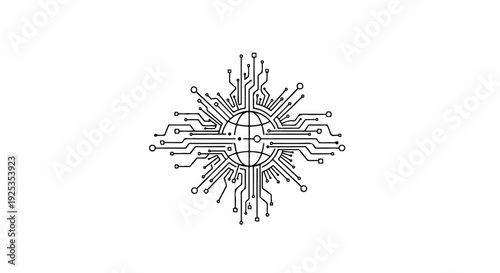 Abstract globe with radiating digital circuit pathways and connection points
