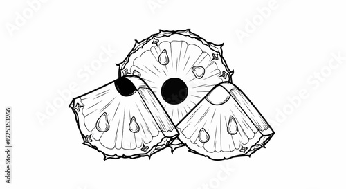 Stylized line art of a pineapple slice and two wedges on white