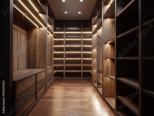 A large walk in closet with shelves and a bench