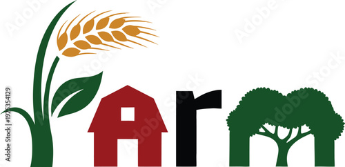 Farm logo with wheat plant red house and trees on white background