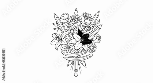 Bouquet of flowers intertwined with pencils, a creative bloom