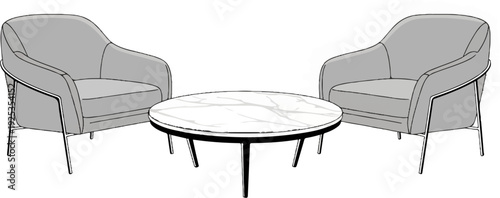 Two modern gray armchairs flank a round marble coffee table