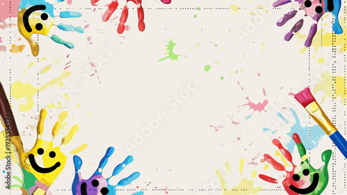 Colorful handprint border with cheerful faces and abstract shapes on a white background