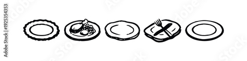Hand drawn set of plates with various meals and dining utensils